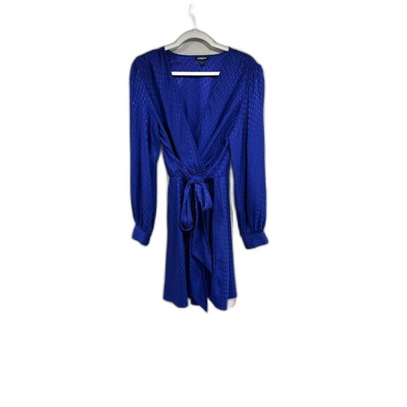 Express Jacquard Satin Tie-Waist Long Sleeve Mini Dress – Royal Blue L - Picture 4 of 7